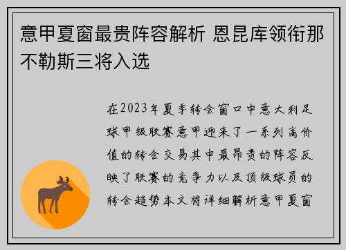 意甲夏窗最贵阵容解析 恩昆库领衔那不勒斯三将入选