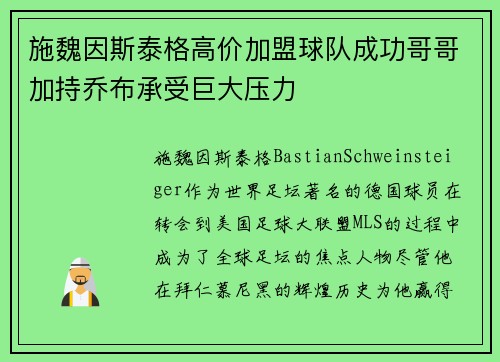 施魏因斯泰格高价加盟球队成功哥哥加持乔布承受巨大压力