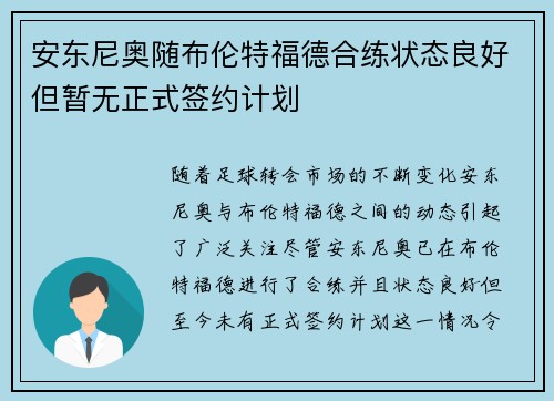 安东尼奥随布伦特福德合练状态良好但暂无正式签约计划