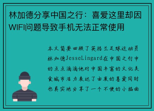 林加德分享中国之行：喜爱这里却因WIFI问题导致手机无法正常使用